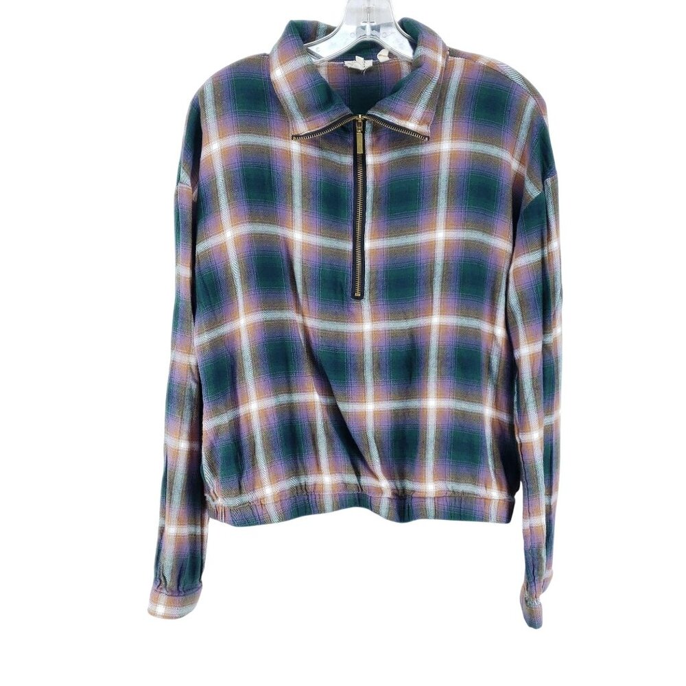 BKE Half Zip Flannel Pullover Womens Size Small Eased Green Elastic Waist (O/LP)